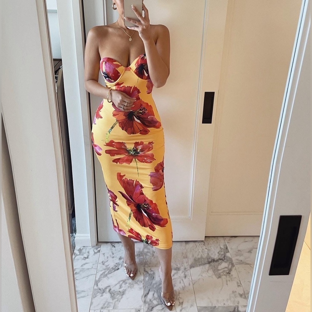 JLUXLABEL Yellow Floral Cora Midi Dress Small - Picture 3 of 3